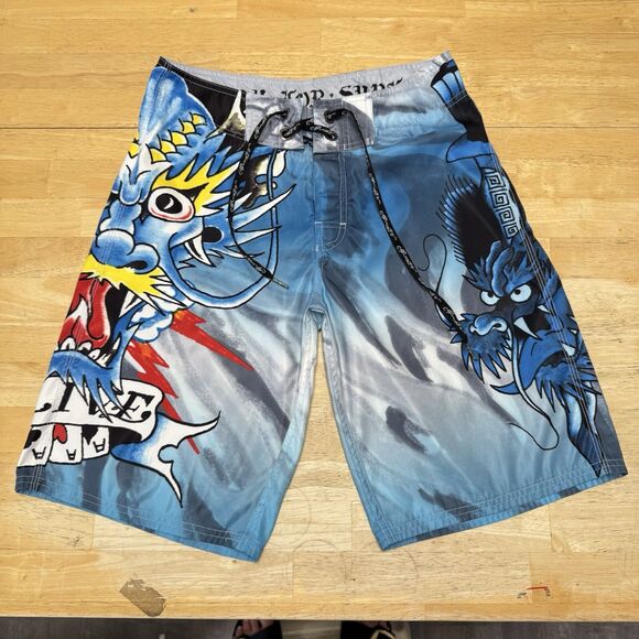 Ed Hardy Alive Christian Audigier Blue Board Shorts Dragon Dagger Swim Trunks 30 - Picture 2 of 15